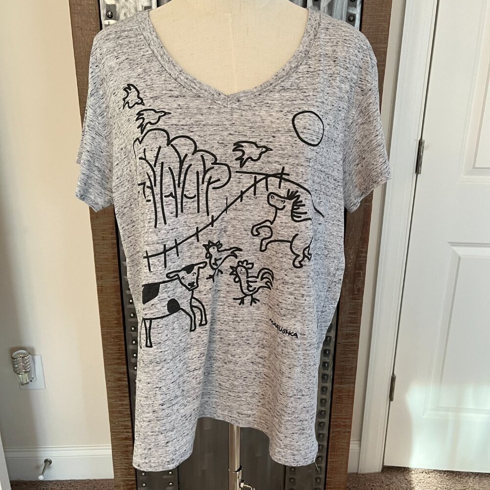 Marushka Hand-Printed "Farm Life" V-Neck Tee - L - Picture 5 of 8